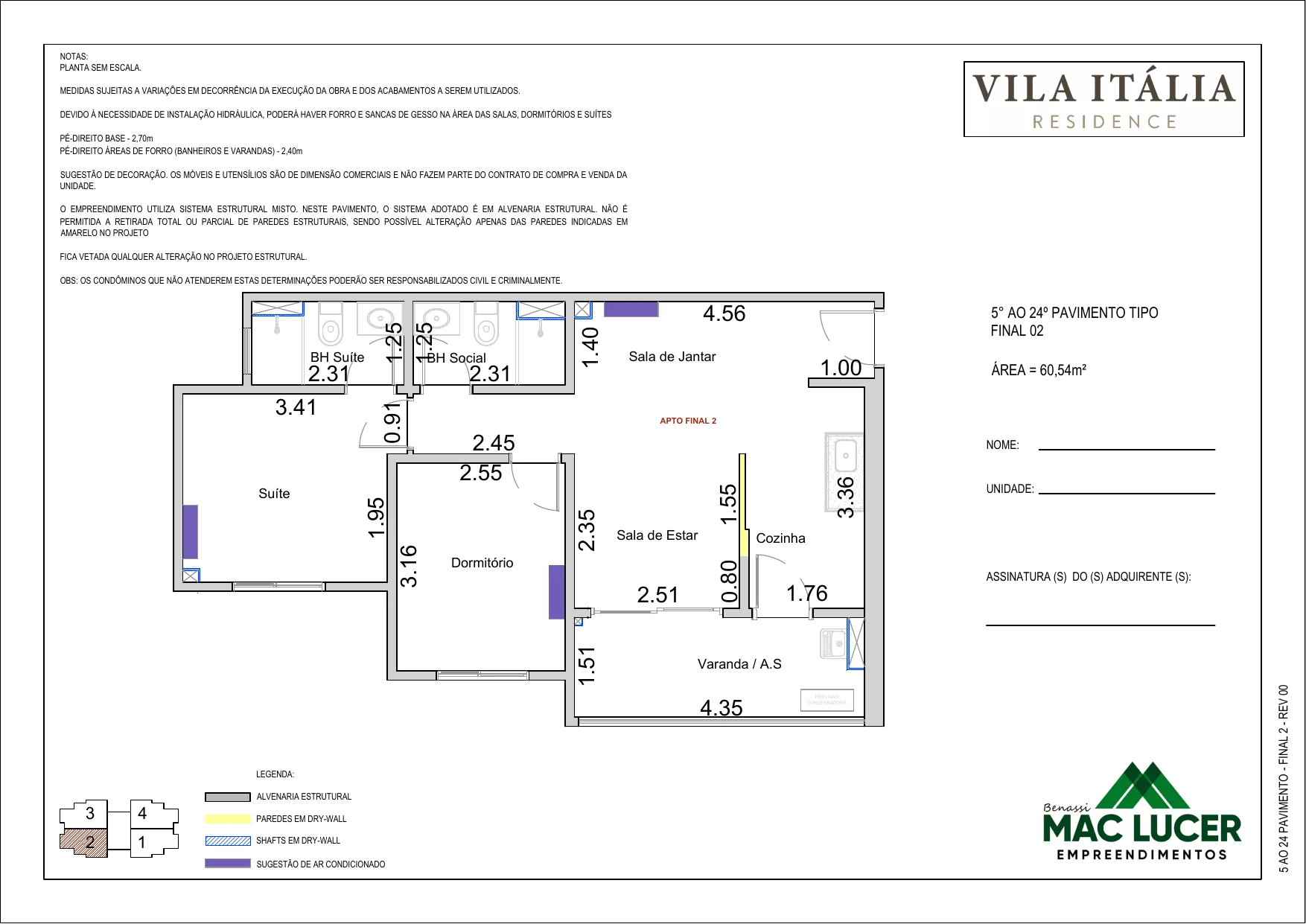 Planta do apartamento com medidas — 60,54 m², 2 dormitórios sendo 1 suíte